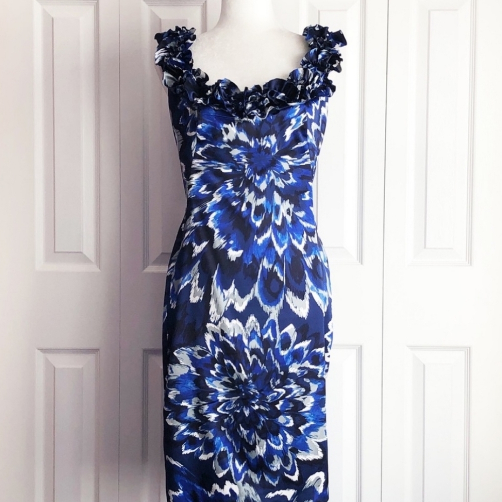 Derby Dress-Maggy London Blue Floral Print Ruffle Sheath Dress 14